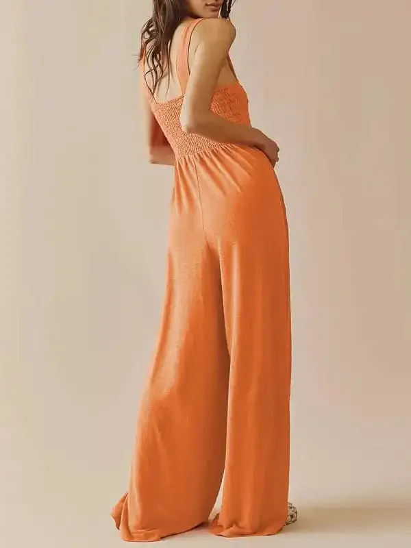 Women’s Square Neck Casual Slim Pleated Jumpsuit