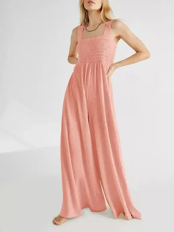 Women’s Square Neck Casual Slim Pleated Jumpsuit