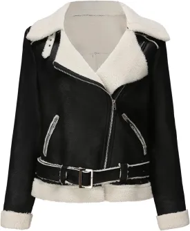 Womens Suede Faux Shearling Moto Bomber Jacket Sherpa Lined Lapel Coat Winter Faux Leather Coat Outerwear Overcoat
