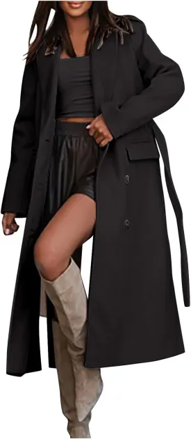 Women's Winter Double Breasted Wool Coat Long Sleeve Notch Lapel Overcoats Midi Long Winter Trench Coats Belt