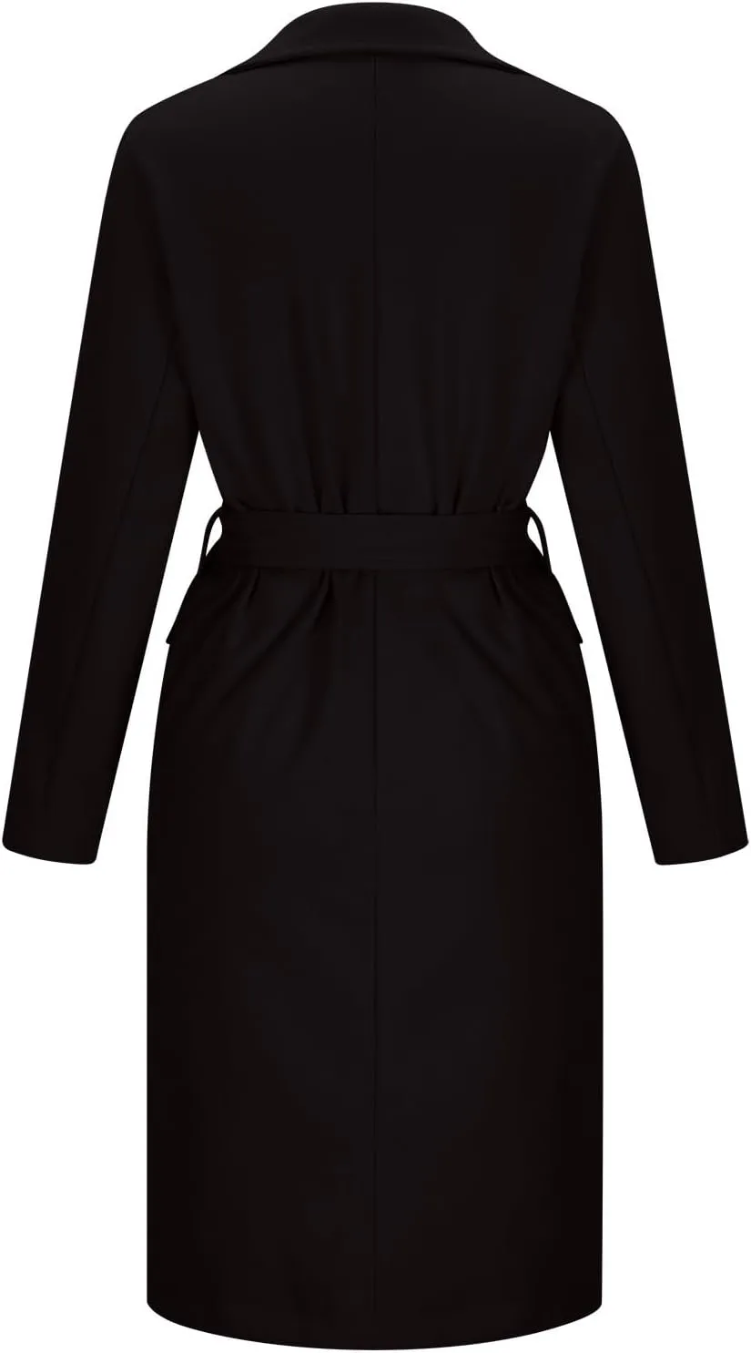 Women's Winter Double Breasted Wool Coat Long Sleeve Notch Lapel Overcoats Midi Long Winter Trench Coats Belt