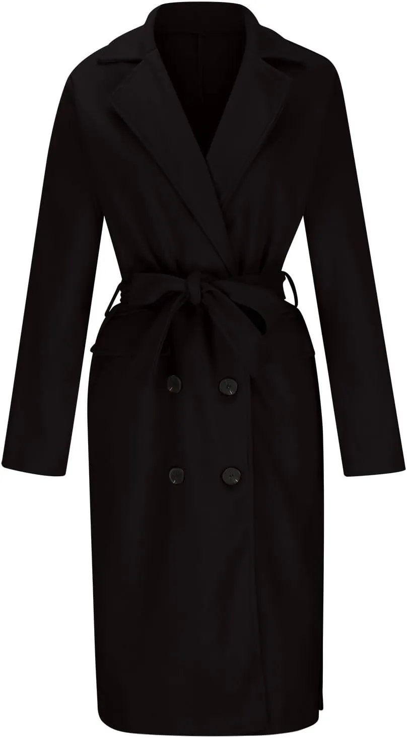 Women's Winter Double Breasted Wool Coat Long Sleeve Notch Lapel Overcoats Midi Long Winter Trench Coats Belt