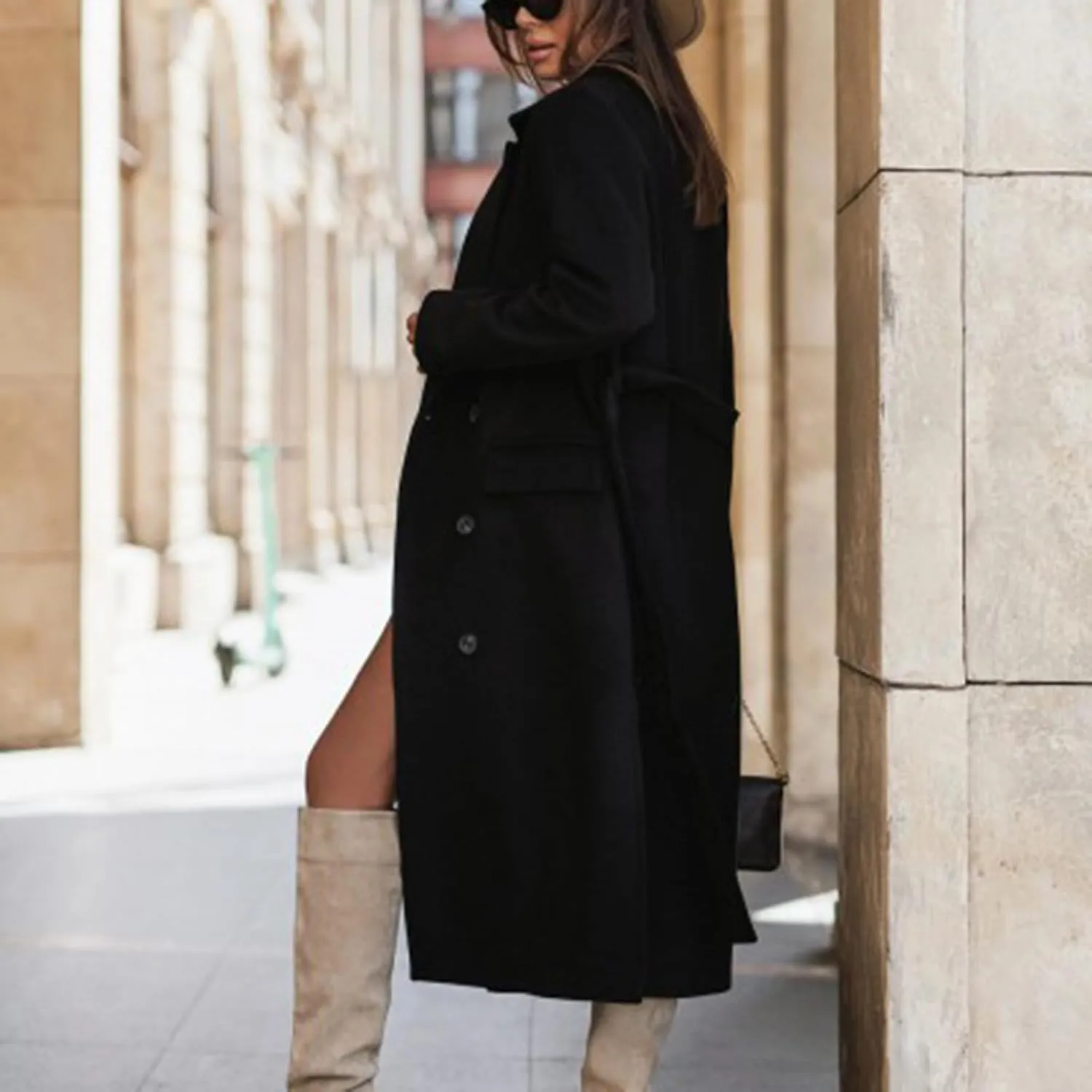 Women's Winter Double Breasted Wool Coat Long Sleeve Notch Lapel Overcoats Midi Long Winter Trench Coats Belt