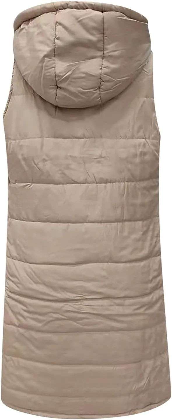 Women's Winter Hooded Puffer Vest Long Sleeveless Down Coats Trendy Fashion Warm Outdoor Quilted Vests with Pockets