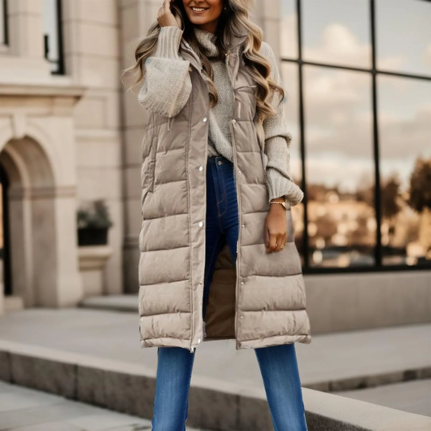 Women's Winter Hooded Puffer Vest Long Sleeveless Down Coats Trendy Fashion Warm Outdoor Quilted Vests with Pockets