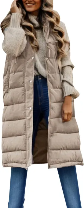 Women's Winter Hooded Puffer Vest Long Sleeveless Down Coats Trendy Fashion Warm Outdoor Quilted Vests with Pockets
