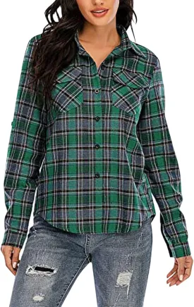 ZYXTIM Womens Plaid Shirts Classic-Fit Long-Sleeve Loose-Fit Lightweight Collar Flannel Shirts Fashion Boyfriend Blouses Tops
