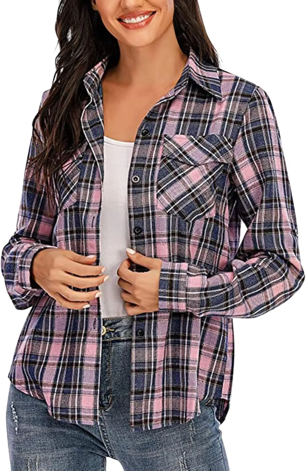 ZYXTIM Womens Plaid Shirts Classic-Fit Long-Sleeve Loose-Fit Lightweight Collar Flannel Shirts Fashion Boyfriend Blouses Tops