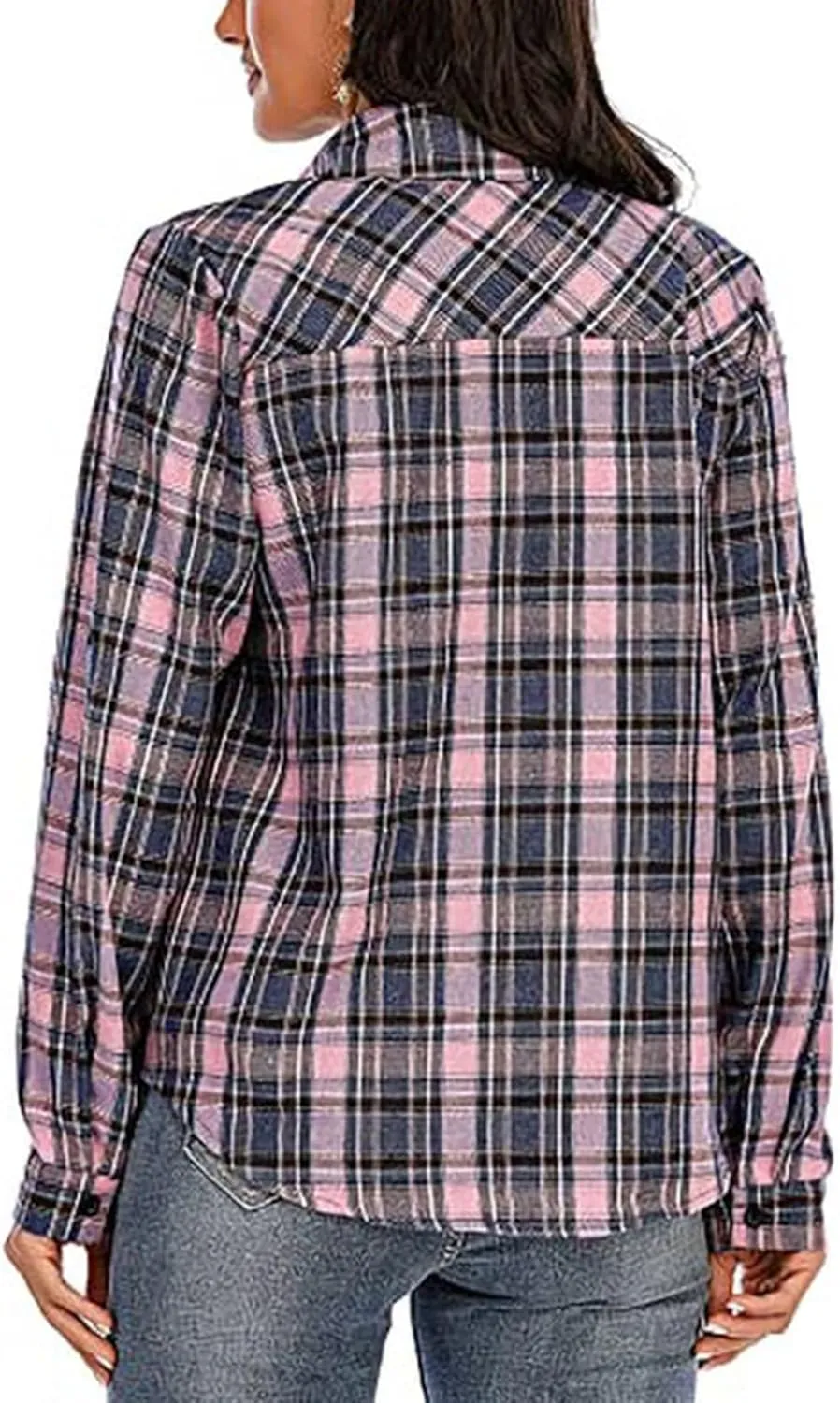 ZYXTIM Womens Plaid Shirts Classic-Fit Long-Sleeve Loose-Fit Lightweight Collar Flannel Shirts Fashion Boyfriend Blouses Tops