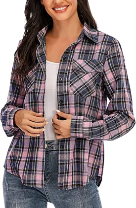 ZYXTIM Womens Plaid Shirts Classic-Fit Long-Sleeve Loose-Fit Lightweight Collar Flannel Shirts Fashion Boyfriend Blouses Tops