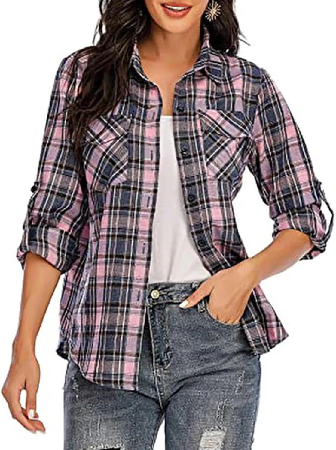 ZYXTIM Womens Plaid Shirts Classic-Fit Long-Sleeve Loose-Fit Lightweight Collar Flannel Shirts Fashion Boyfriend Blouses Tops