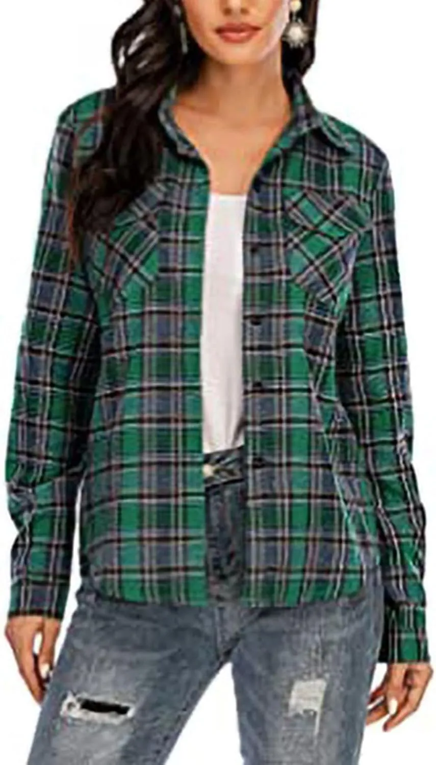 ZYXTIM Womens Plaid Shirts Classic-Fit Long-Sleeve Loose-Fit Lightweight Collar Flannel Shirts Fashion Boyfriend Blouses Tops