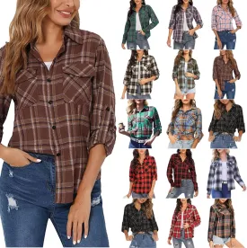 ZYXTIM Womens Plaid Shirts Classic-Fit Long-Sleeve Loose-Fit Lightweight Collar Flannel Shirts Fashion Boyfriend Blouses Tops